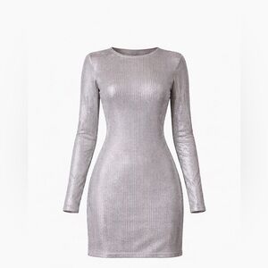 Shimmery Long-Sleeve Silver Bodycon Swimsuit Coverup